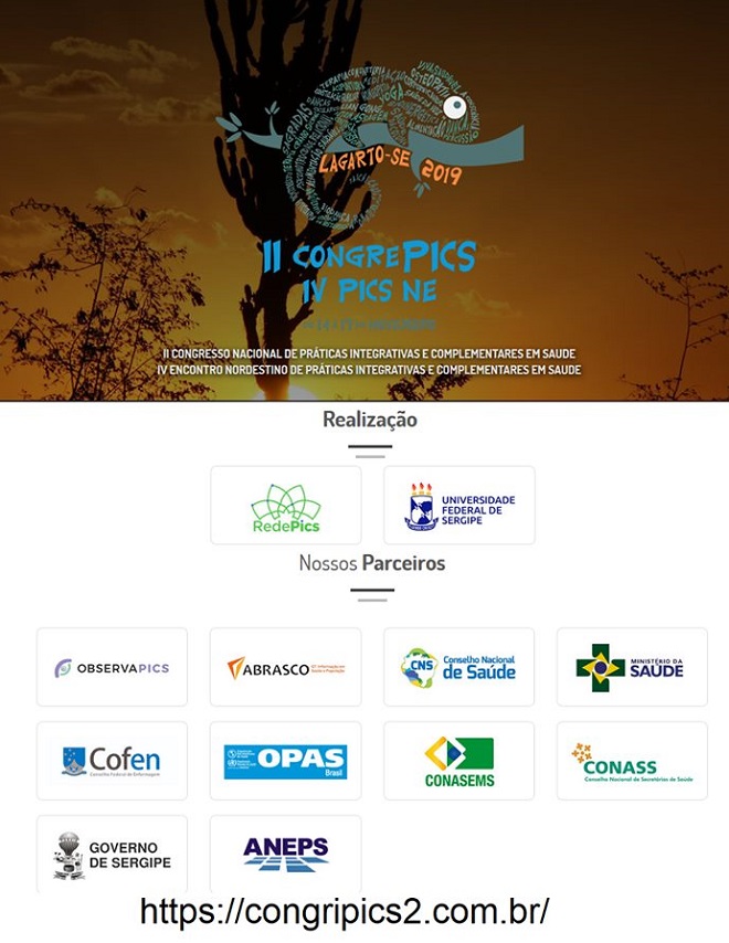 Banner de divulgação do II CongrePICS e do IV PICS NE. Descrição: a imagem de um lagarto formado com os nomes das 29 práticas integrativas do SUS. Imagem de fundo é o entardecer no sertão.